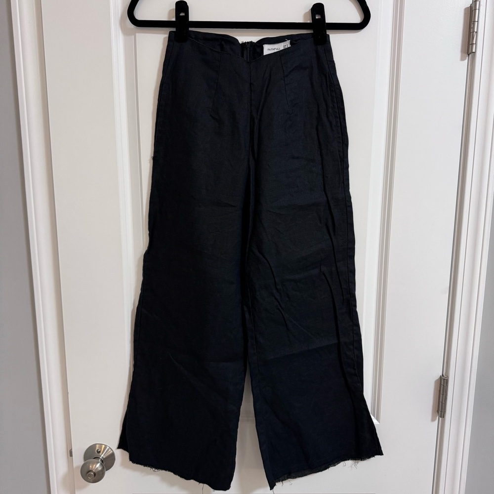 Faithfull the Brand Black Wide-Leg Linen Raw Hem Pants Size 2